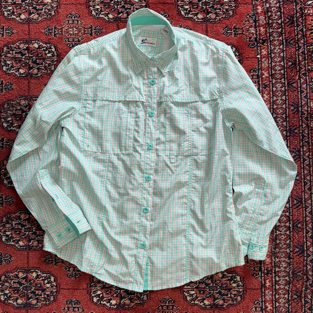 Sportsman M Aqua Blue & Orange Plaid Fishing‎ Shirt MINT COND.